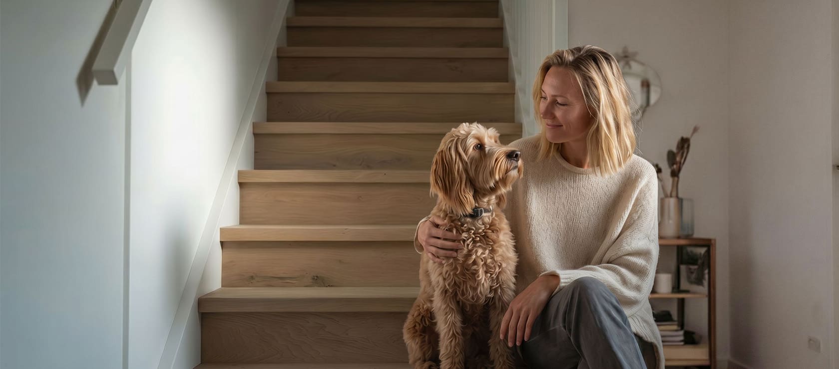 vrouw die samen met haar hond voor een pas gerenoveerde trap zit