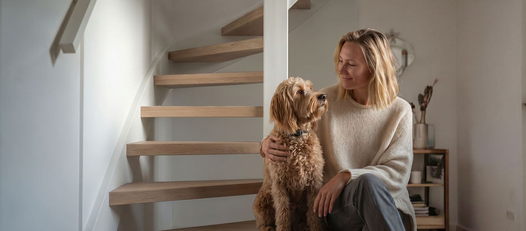 Een spiltrap met een vrouw samen met haar hond die voor de trap zitten